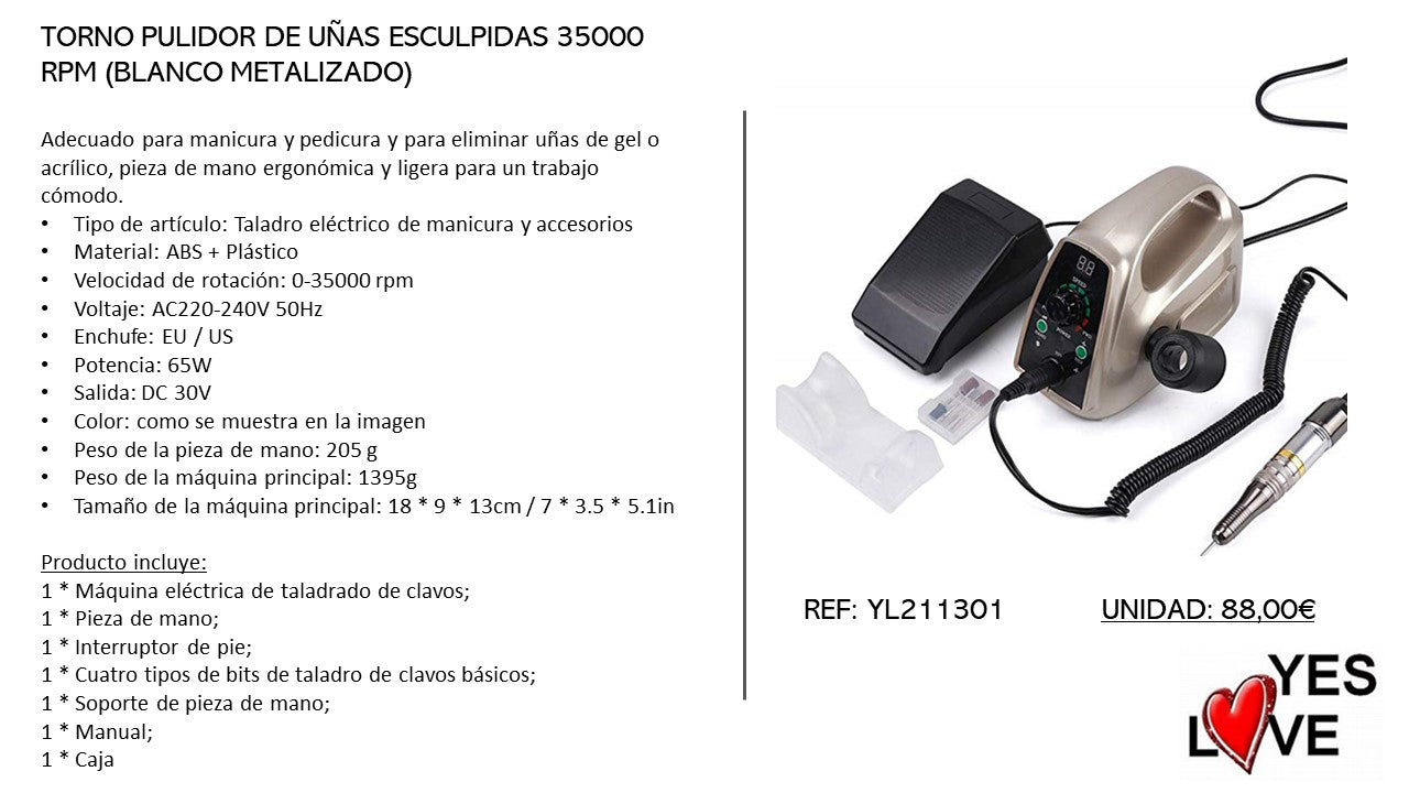 TORNO PULIDOR UÑAS ESCULPIDAS 35000 RPM BLANCA