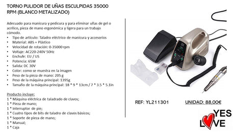 TORNO PULIDOR UÑAS ESCULPIDAS 35000 RPM BLANCA
